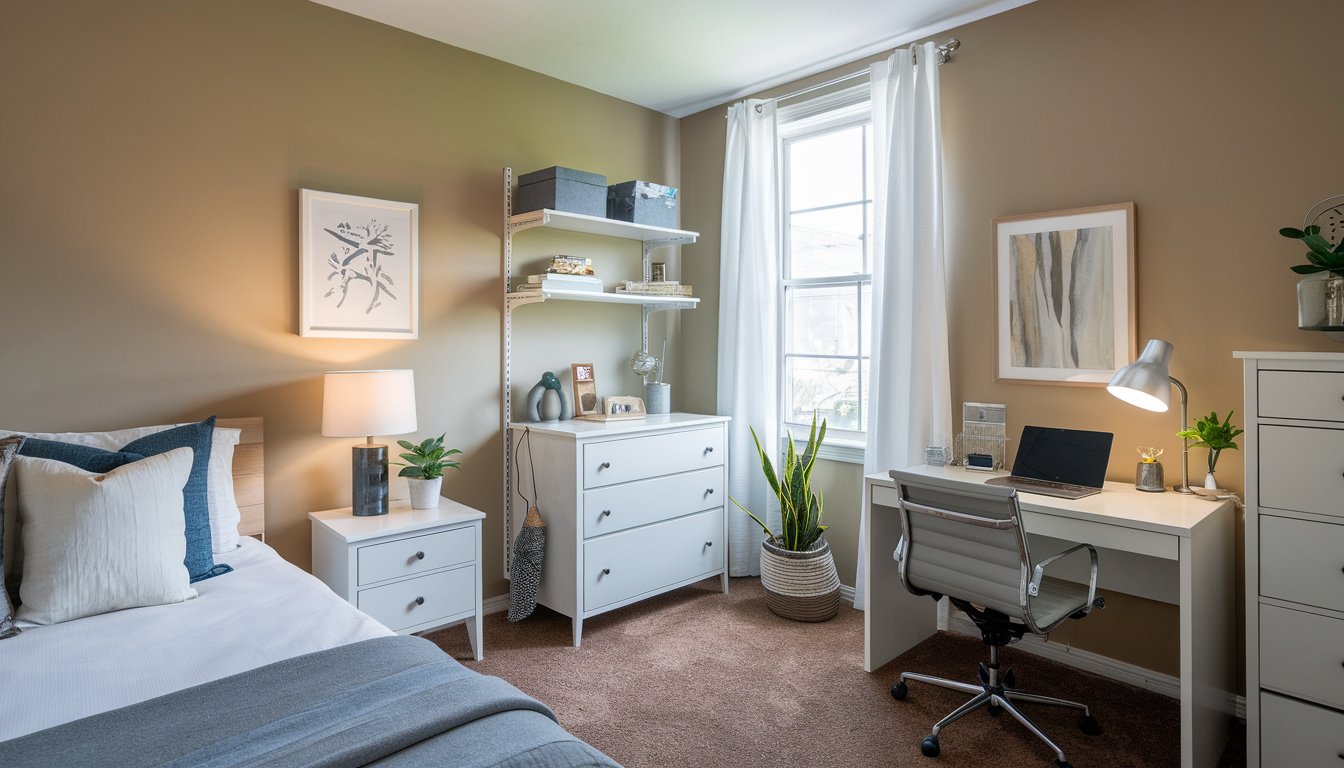 A well-organized small bedroom with space-saving furniture, including a loft bed with a built-in desk, floating shelves, and hidden storage compartments, designed for a stylish and clutter-free look.