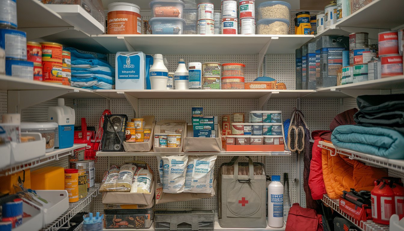 Alt Text: A well-organized emergency preparedness stockpile featuring non-perishable food, medical supplies, flashlights, blankets, and survival gear neatly stored on sturdy shelves