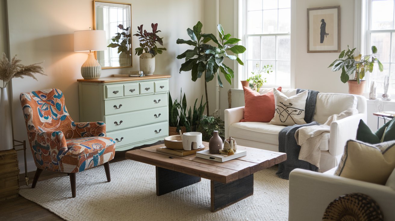 Upcycled furniture ideas: Repainted dresser, reupholstered chair, and DIY coffee table in a cozy home setting