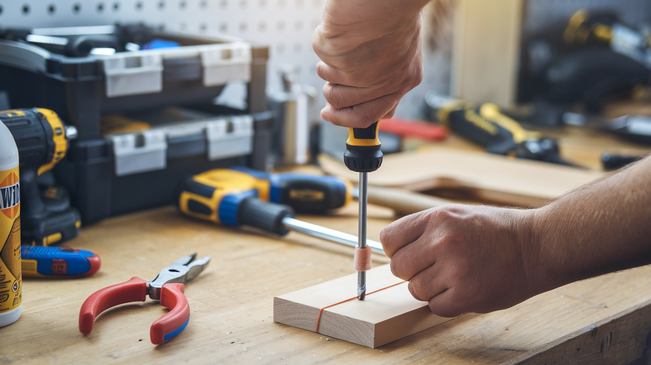 DIYer attempting to remove a stripped screw using a rubber band and screwdriver, with pliers, a drill, and WD-40 on a wooden workbench.