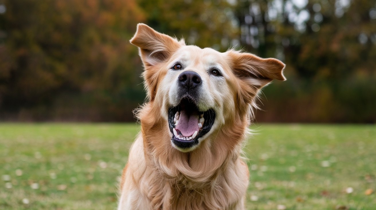 Golden retriever barking loudly in an open grassy field with trees in the background.