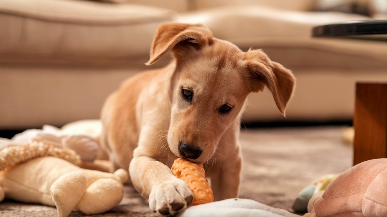 A golden retriever puppy chewing on a toy, learning bite inhibition in a cozy home setting.