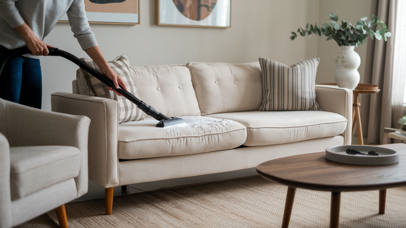 A person cleaning a fabric couch by sprinkling baking soda over the cushions while using a vacuum in a bright, cozy living room. The scene highlights a fresh, clean home environment with soft lighting.