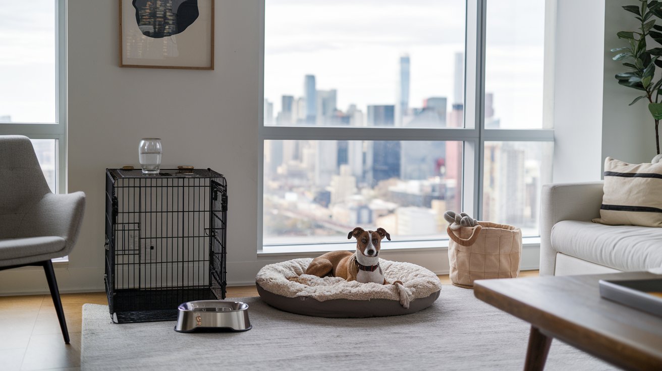 Best dog breeds for apartment living: A small, happy dog lounging on a cozy couch in a stylish apartment with a city skyline in the background, surrounded by pet-friendly decor and toys.